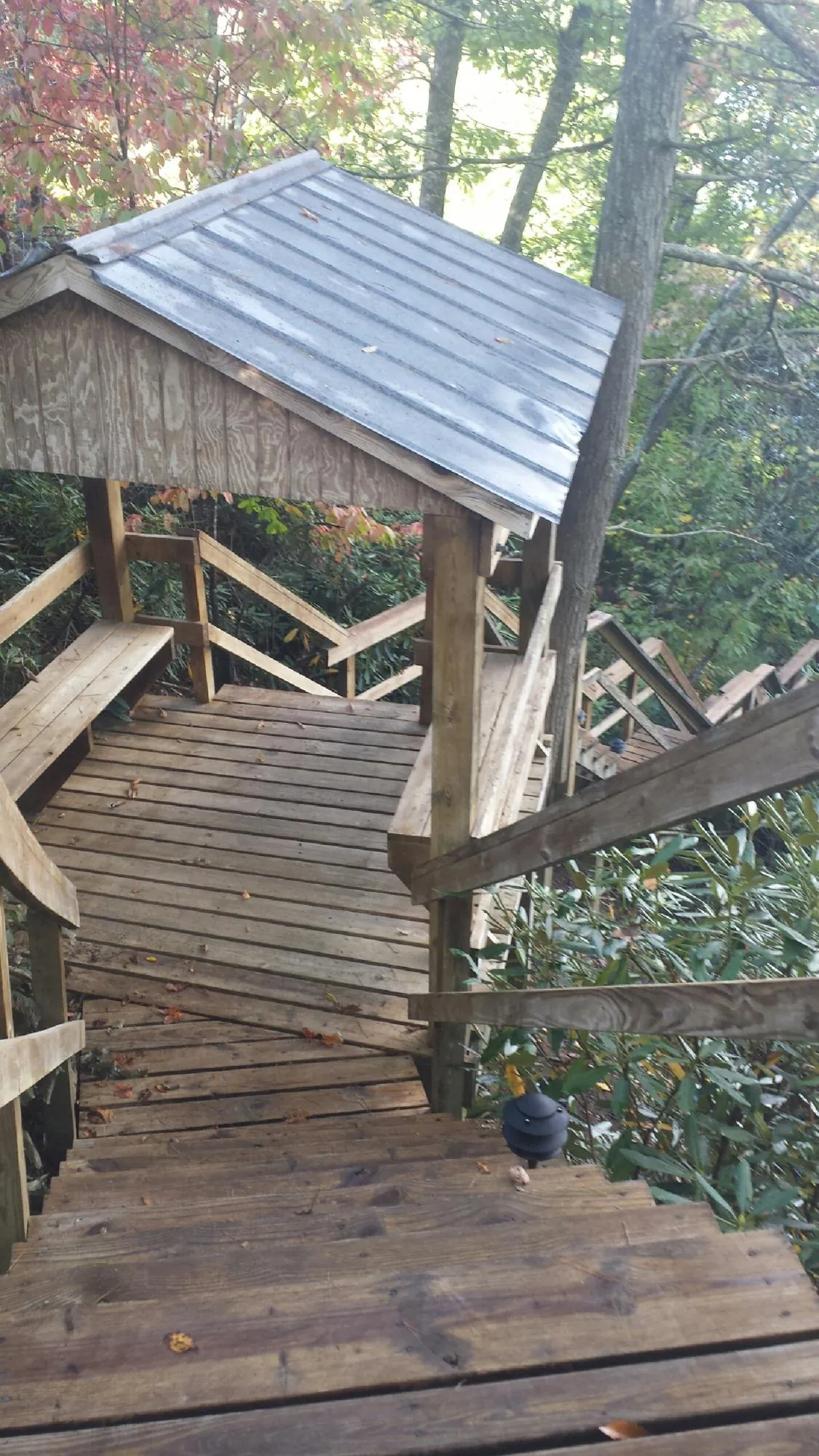 Metal roofed shelter over wooden steps on a wooded walkway — Skylight Repair & Installation work by our crew in Manson
